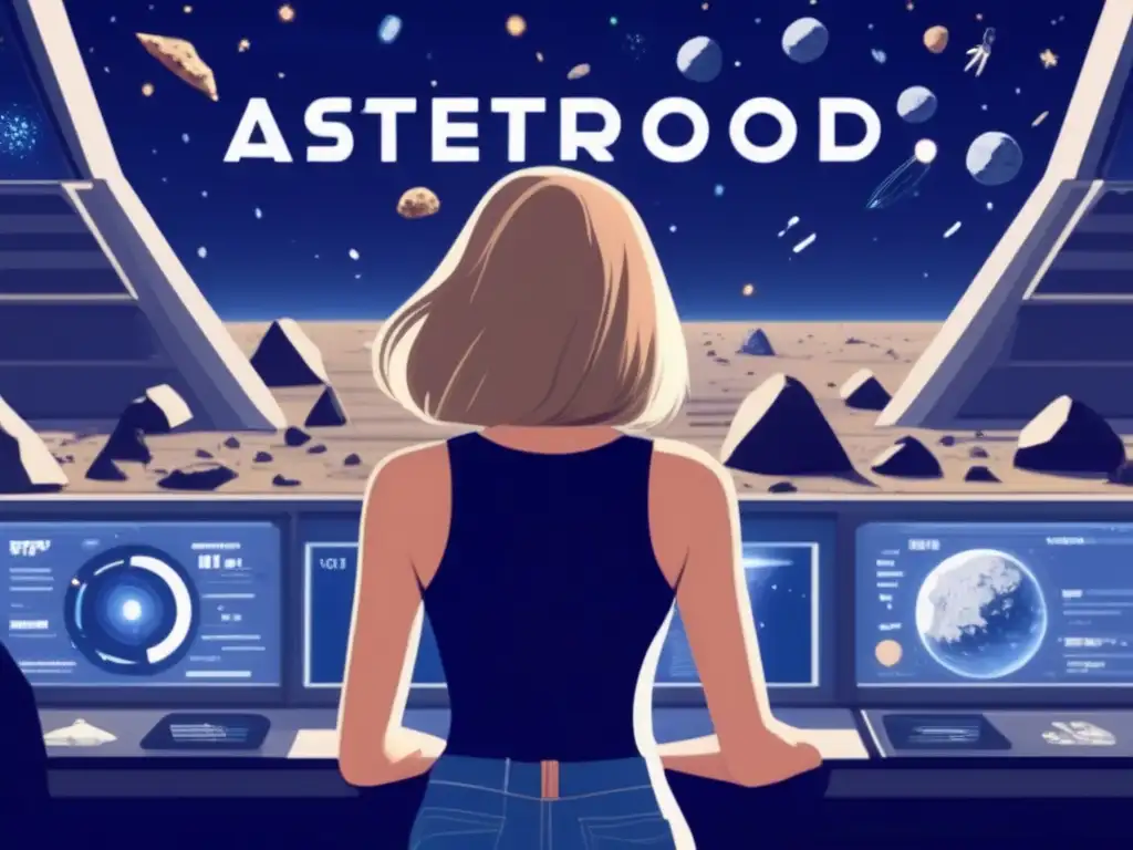An image of a woman in a dark denim jumpsuit monitoring asteroids in a control room with a calm and focused expression, surrounded by screens displaying asteroids in various orbits around the Earth