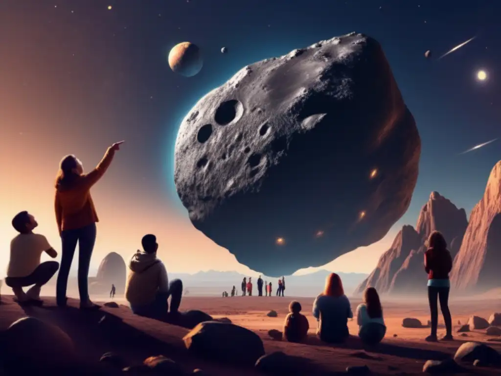 A diverse group of people look at a photorealistic asteroid in awe and concern, pointing and looking intently at the detailed rocks and craters