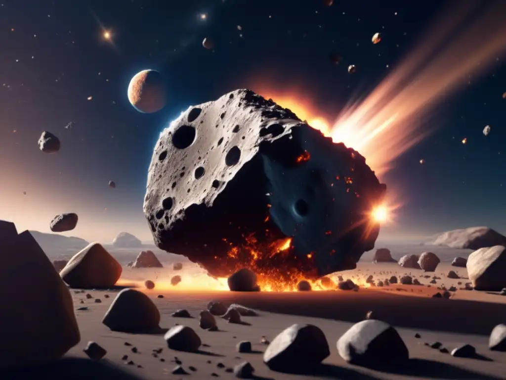 A breathtaking photorealistic depiction of an asteroid, in stark contrast to the surrounding cloud of debris, in space