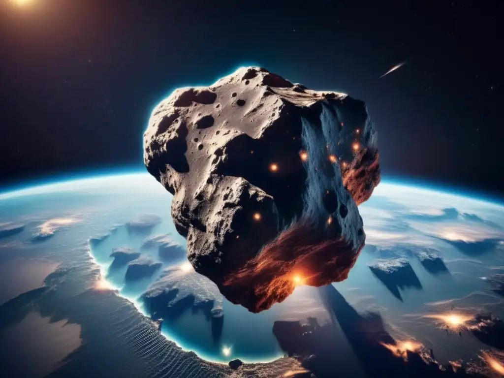 A breathtaking asteroid, poised indefinitely against Earth with 5 splayed fingers extending outwards, casting ominous shadows across the blue planet