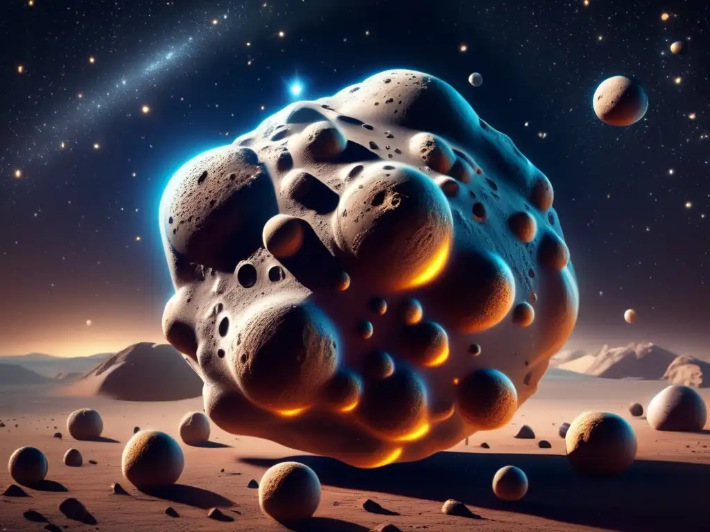 A breathtaking photorealistic image captures the awe-inspiring asteroid with multiple cyclopean spheres protruding from its surface