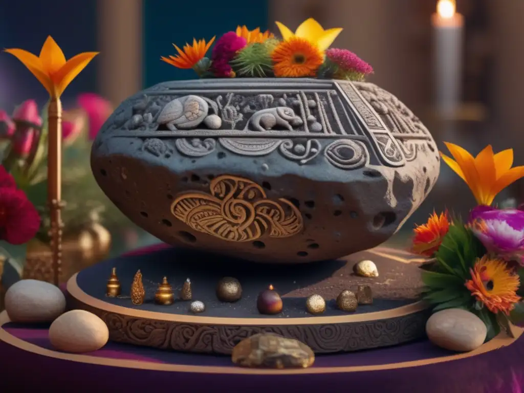 An ethereal glow emanates from the intricately decorated asteroid rock, surrounded by exotic flowers and incense