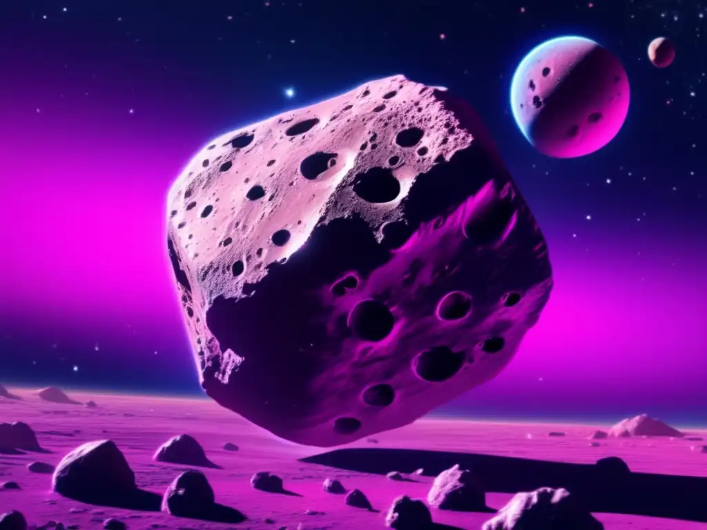 A magenta-hued asteroid orbits around a star in the endless vacuum of space, its surface etched with deep craters that give it a jagged appearance