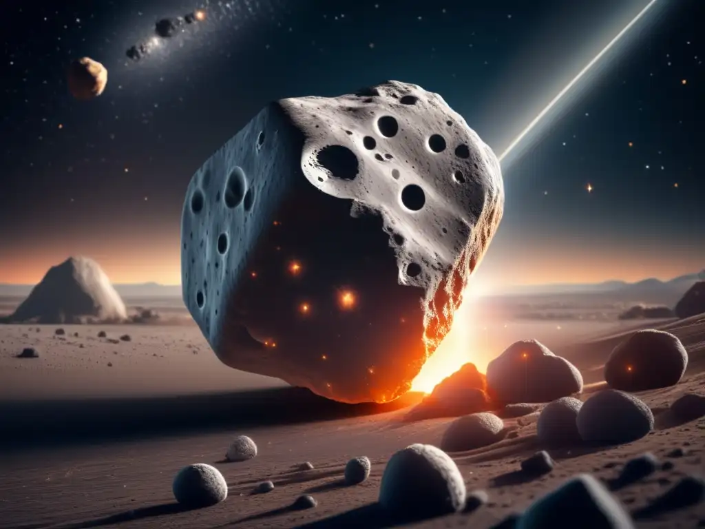 An asteroid's jagged exterior and intricate details are magnified by the zooming camera against a starry backdrop in a photorealistic digital illustration