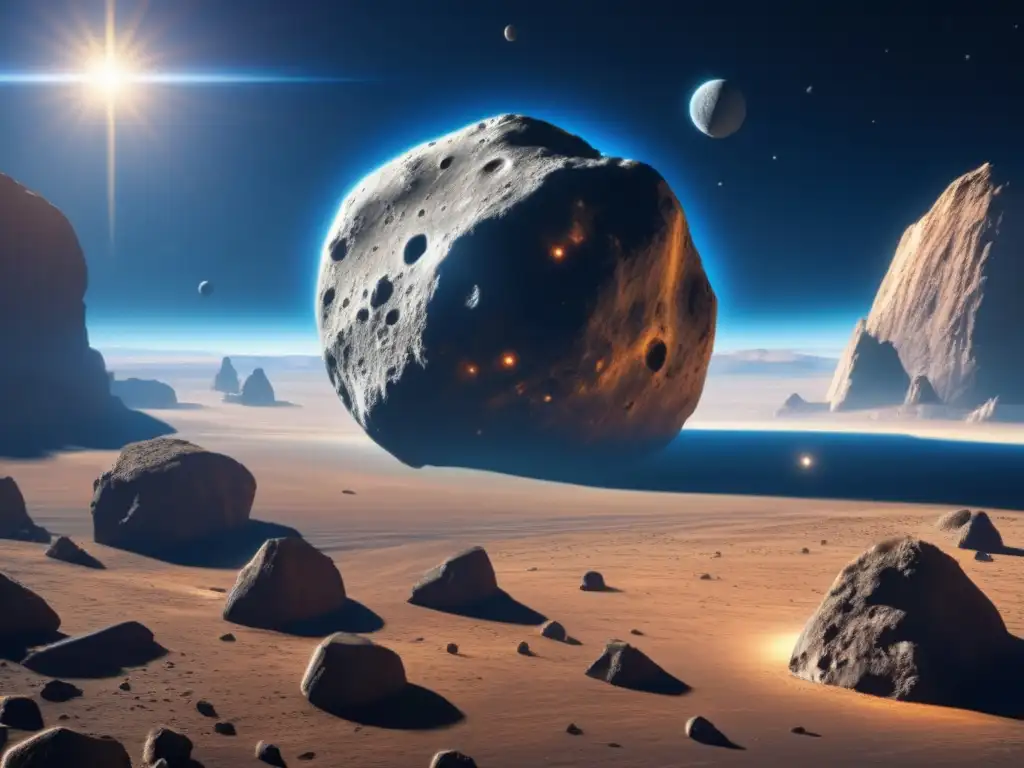 A photorealistic depiction of a nearearth asteroid in the clear blue sky with diverse terrain, intriguing craters, and mesmerizing reflective surfaces