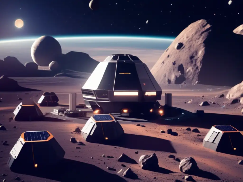 A stunning photorealistic depiction of an asteroid mining habitat, surrounded by a sea of asteroids