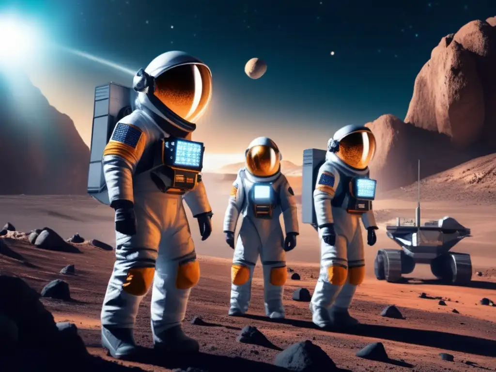 A photorealistic illustration of a scientific exploration team in futuristic space suits on the surface of a barren asteroid mining rig