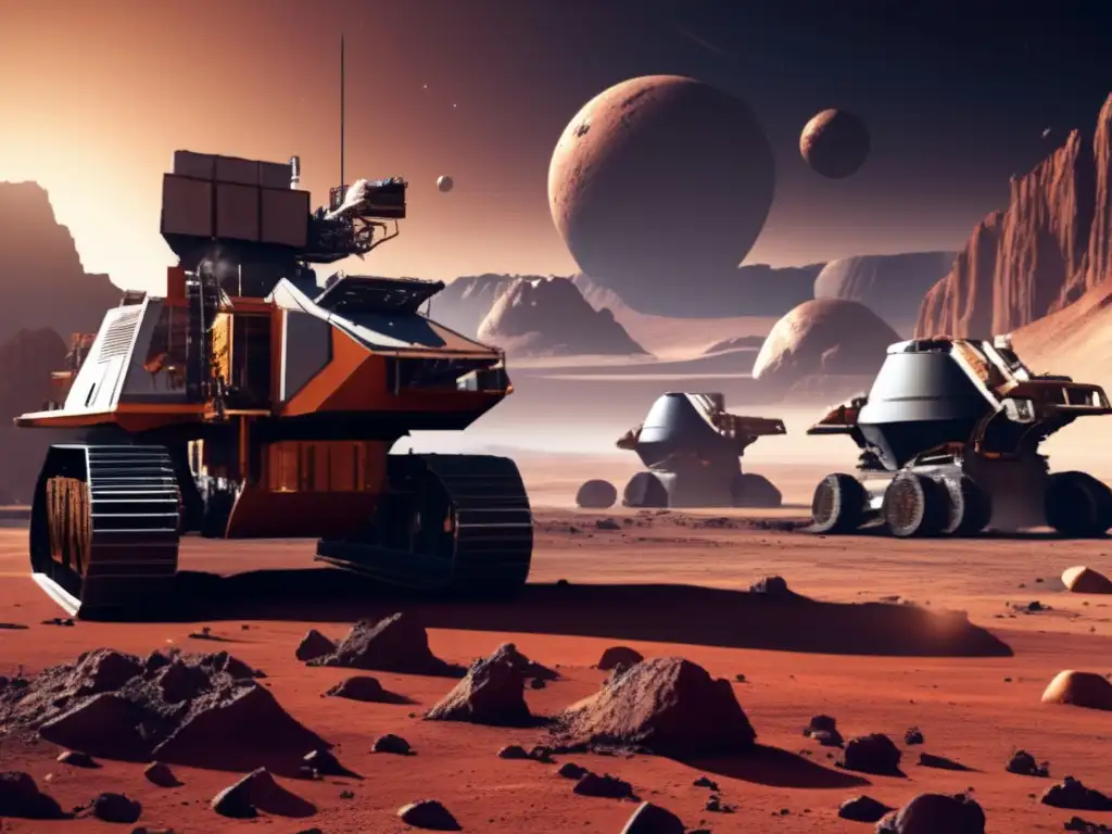 A photorealistic image of a barren, desolate asteroid mining location on a distant planet, with rusting machinery and equipment crumbling over time due to harsh weather and environmental conditions