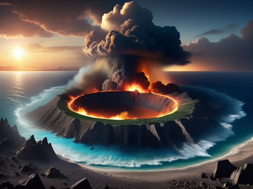 A photorealistic digital painting of the chicxulub crater, with smoke and debris billowing from its edges