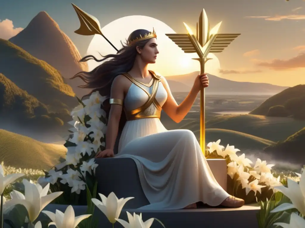 A photographs of Astraea, the Greek goddess of justice, seat on a throne with a golden arrow piercing her heart, surrounded by a field of white lilies