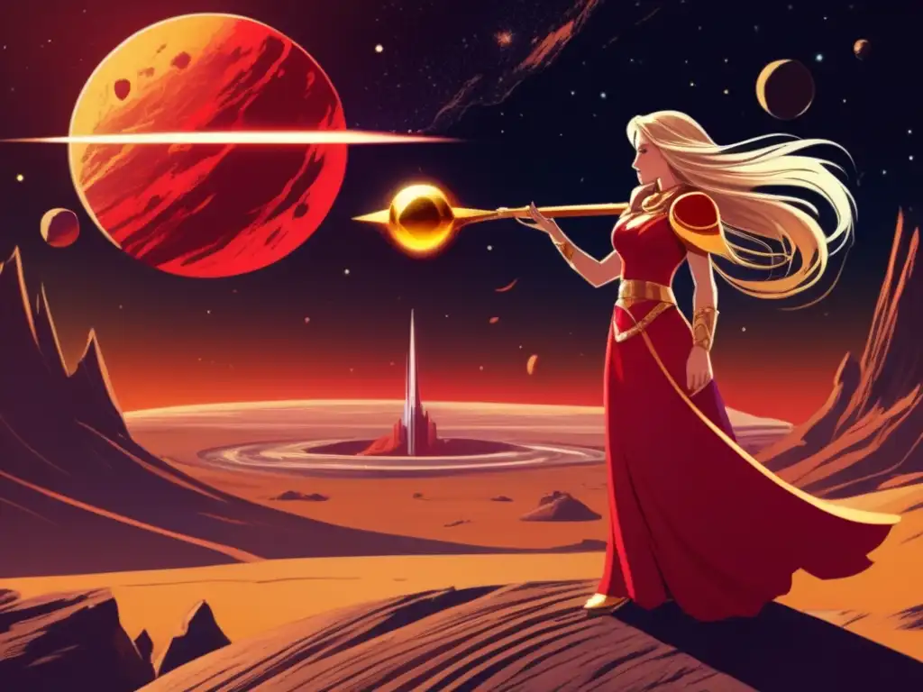 Astraea, a young warrior queen, stands tall on a barren, rocky planet as a giant red asteroid looms in the background