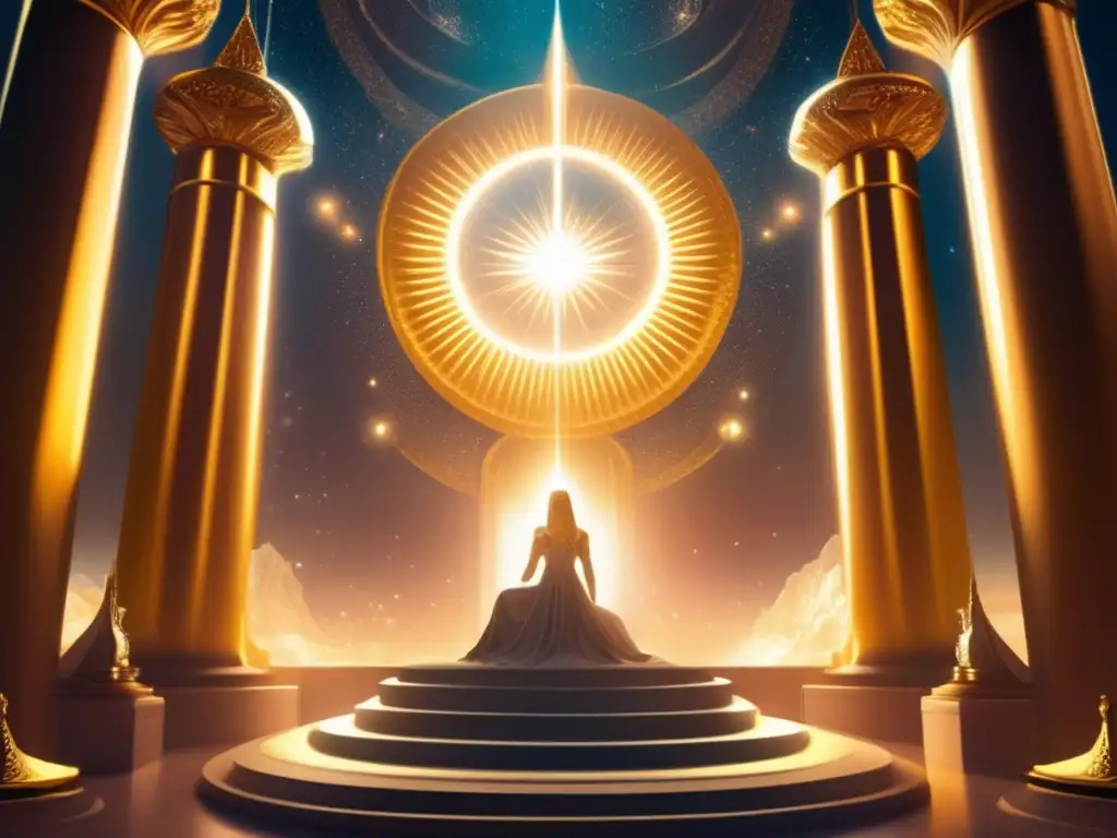 A celestial throne room, Astraea statue hovering above throne, ornate pillars, a golden glow emanating from an asteroid, dramatic lighting casting shadows on intricate details