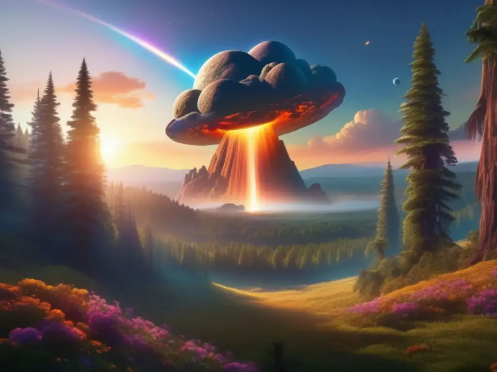 A photorealistic image of a celestial asteroid hovering above a mysterious forest landscape