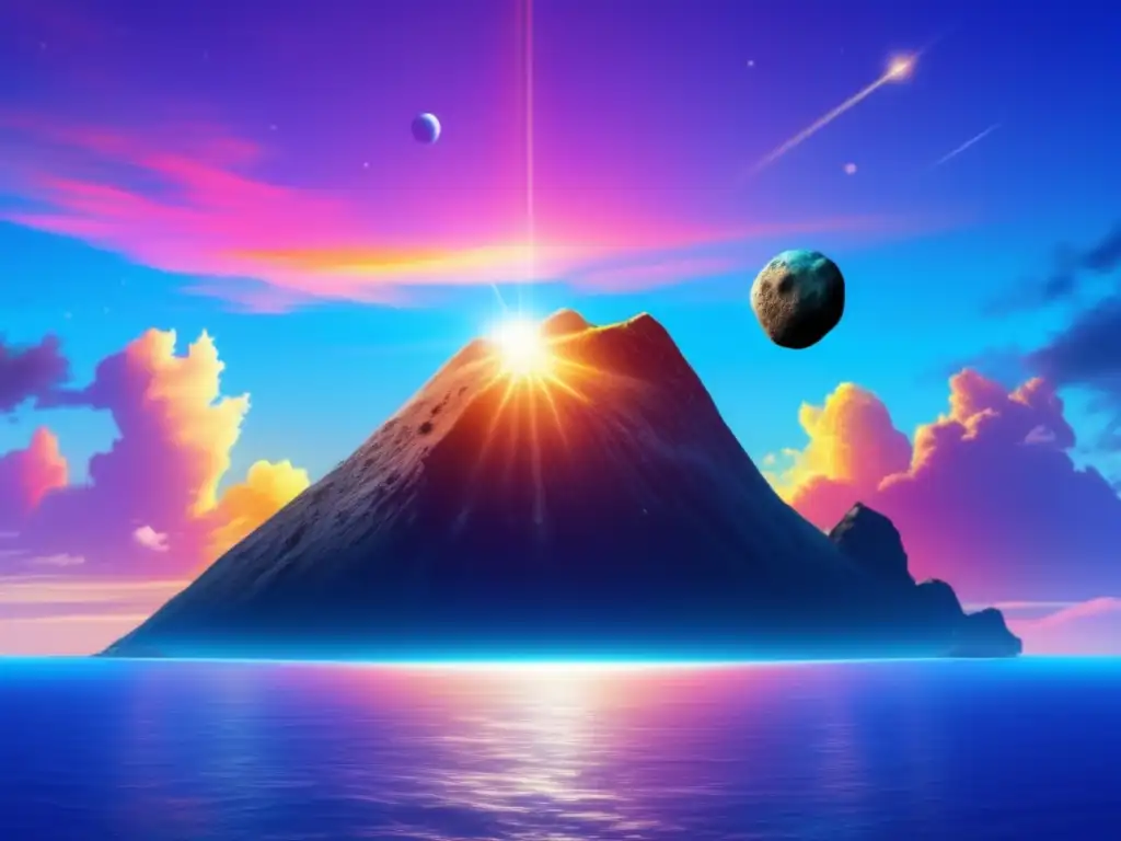 A stunning image captured in the Caribbean sea, with a large, rough asteroid floating in front of a vibrant sky