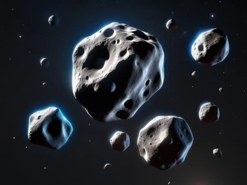 Photorealistic depiction of three asteroids, one a double system, floating in a black space background