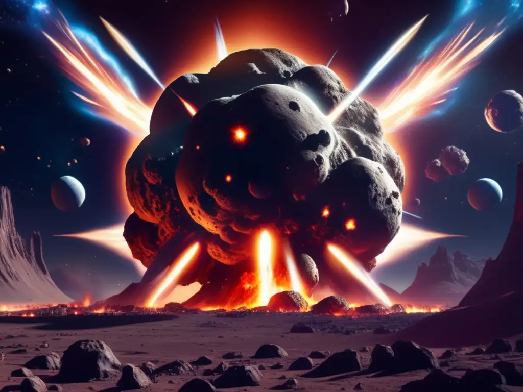 An intense space battle unfolds as a planetary defense installation faces off against a hazardous asteroid in a deep space scenario
