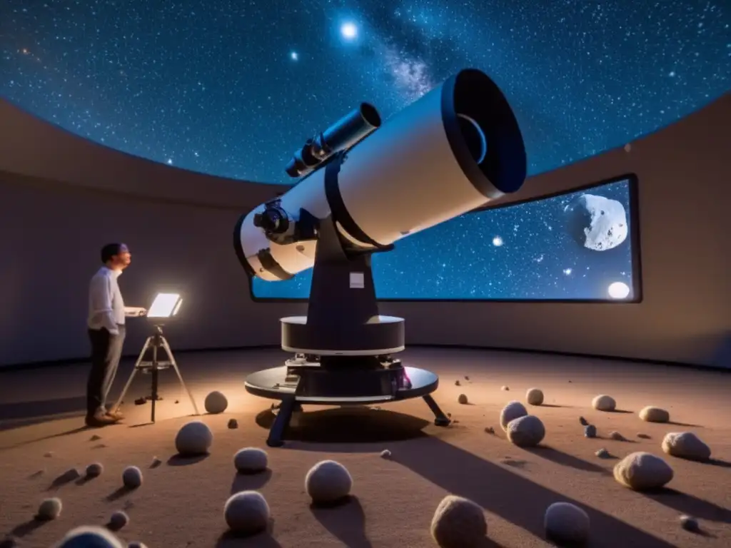 An astrobiologist in a dark room examines asteroids through a powerful telescope with protective eyewear and a lab coat