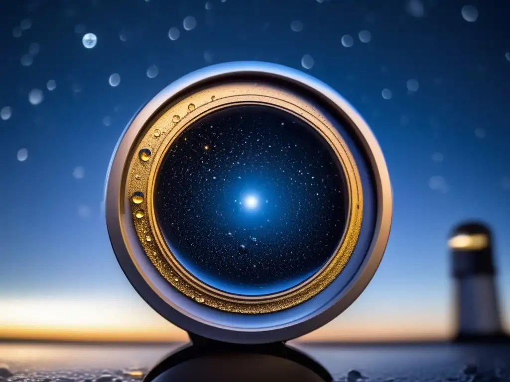 A telescope gazes at the starry night, but its lens is clouded by condensation droplets that block the view