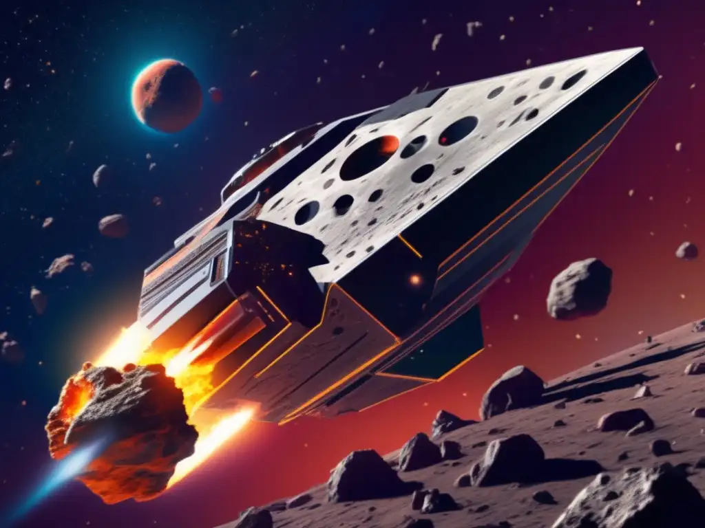 A photorealistic depiction of a spacecraft engaging in a perilous maneuver in front of a red, rocky asteroid