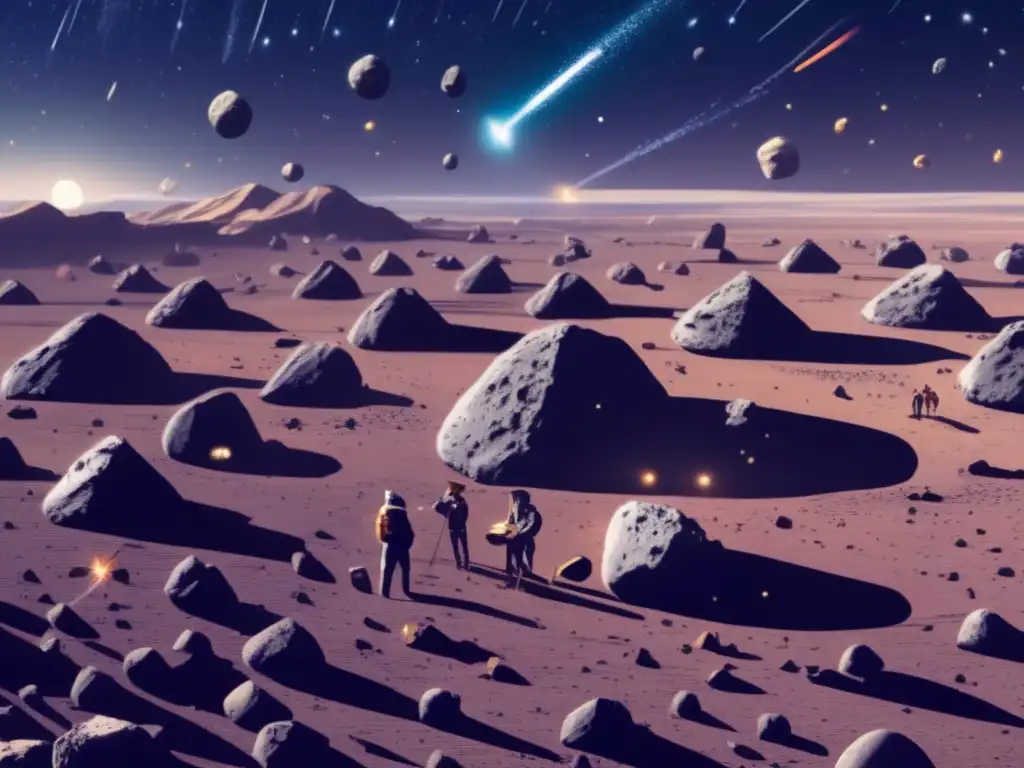 Rust colored asteroids blanket the unending horizon, dwarfing scientists and equipment