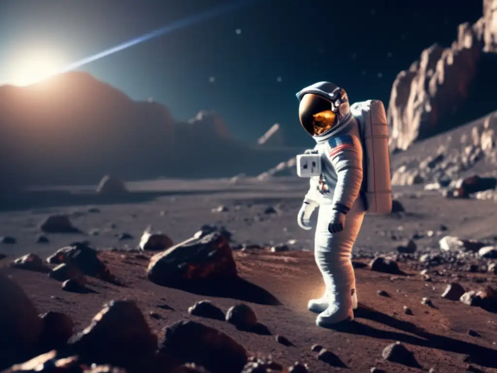 An astronaut in a futuristic suit stands atop an asteroid's rocky surface, illuminated by sunlight