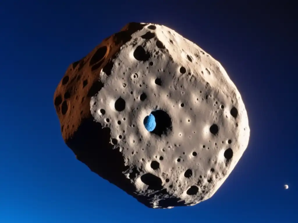 A closeup photo of asteroid AA29, taken from a spacecraft in orbit, showcases its blue surface, filled with craters, ridges, and pits