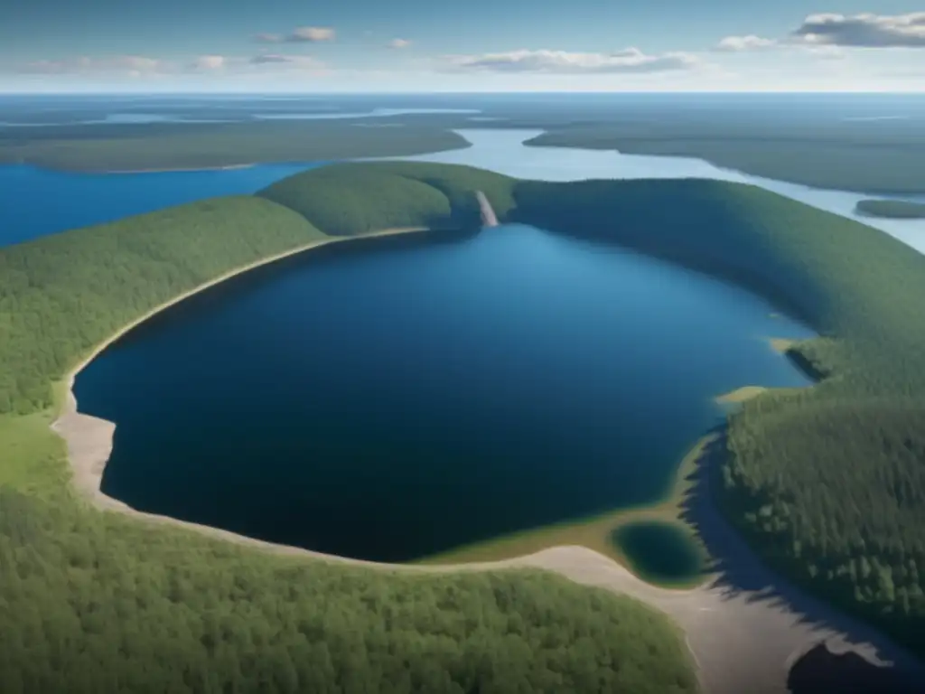 A stunning, photorealistic image of the Manicouagan Reservoir in Quebec, Canada, showcases the rugged terrain surrounding a massive asteroid crater