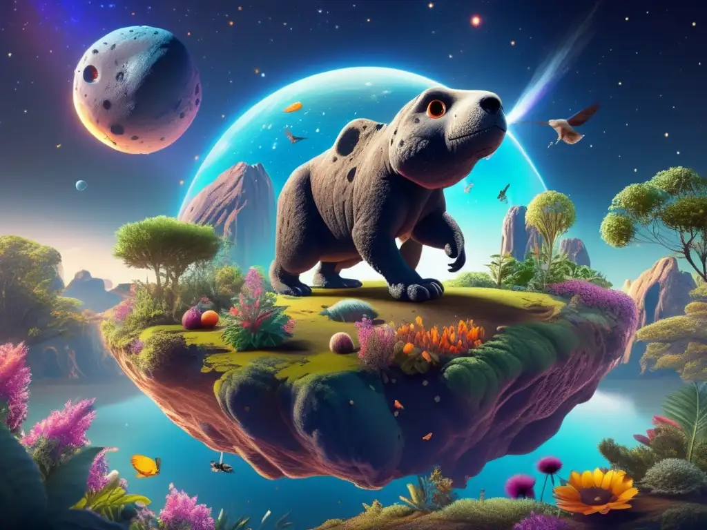 A captivating photorealistic depiction of an asteroid's diverse ecosystem, teeming with flora and fauna, set against the vast cosmos