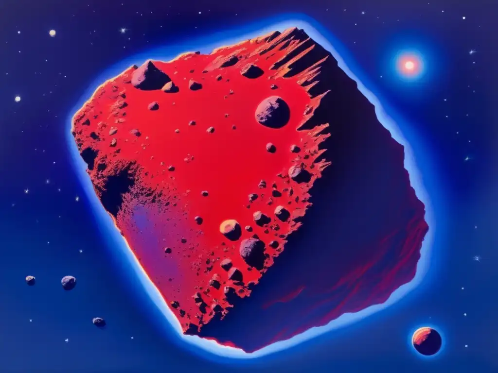 A stunning painting captures the essence of the cosmos with a close-up of a crisp red asteroid, hovering against a deep blue sky