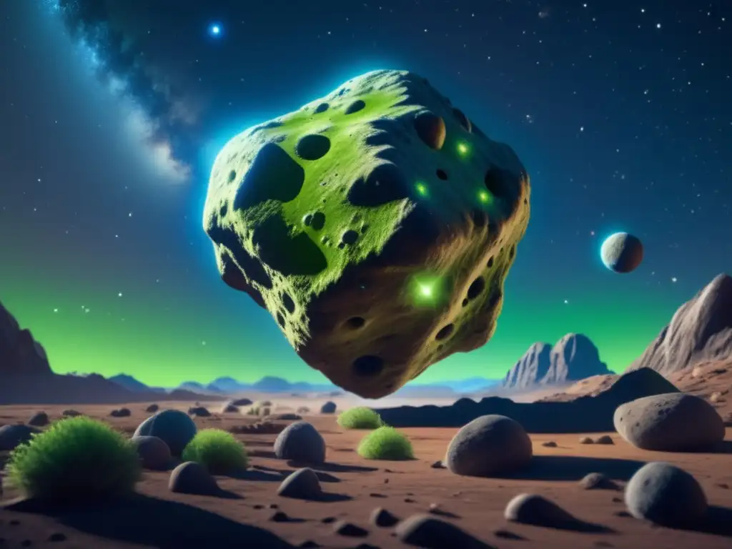 An breathtaking photorealistic image of an asteroid with glaucous blue surfaces, surrounded by a stunning field of bright green and blue stars