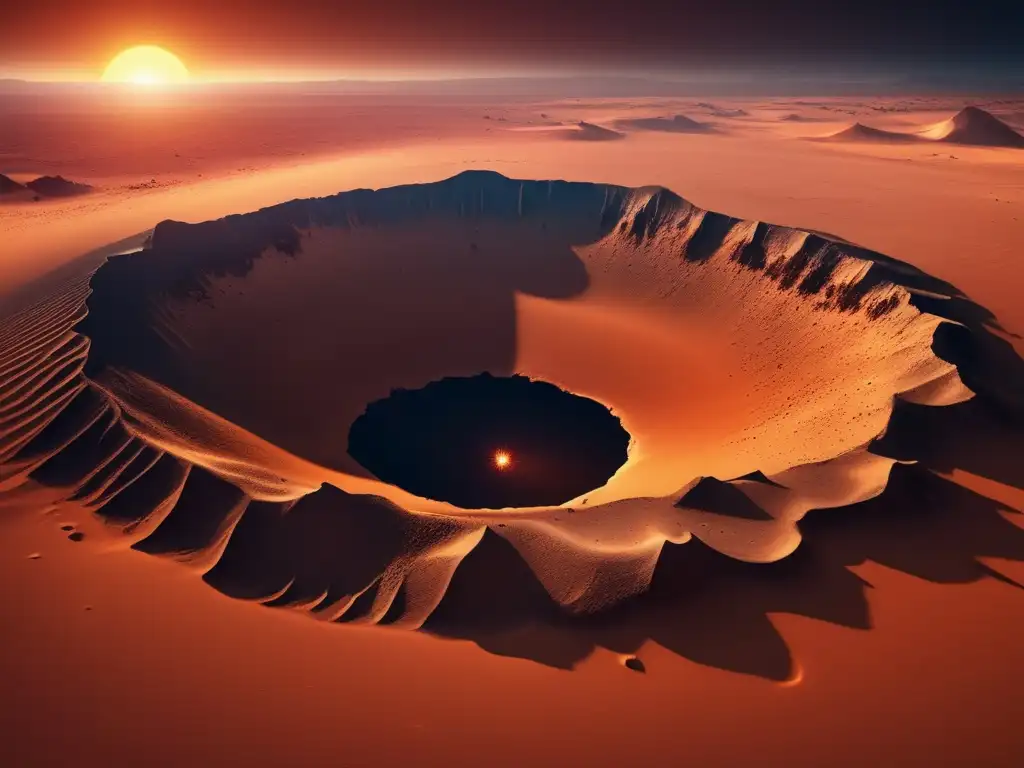 A dramatically realistic depiction of an asteroid impact crater, set against a harsh desert planet