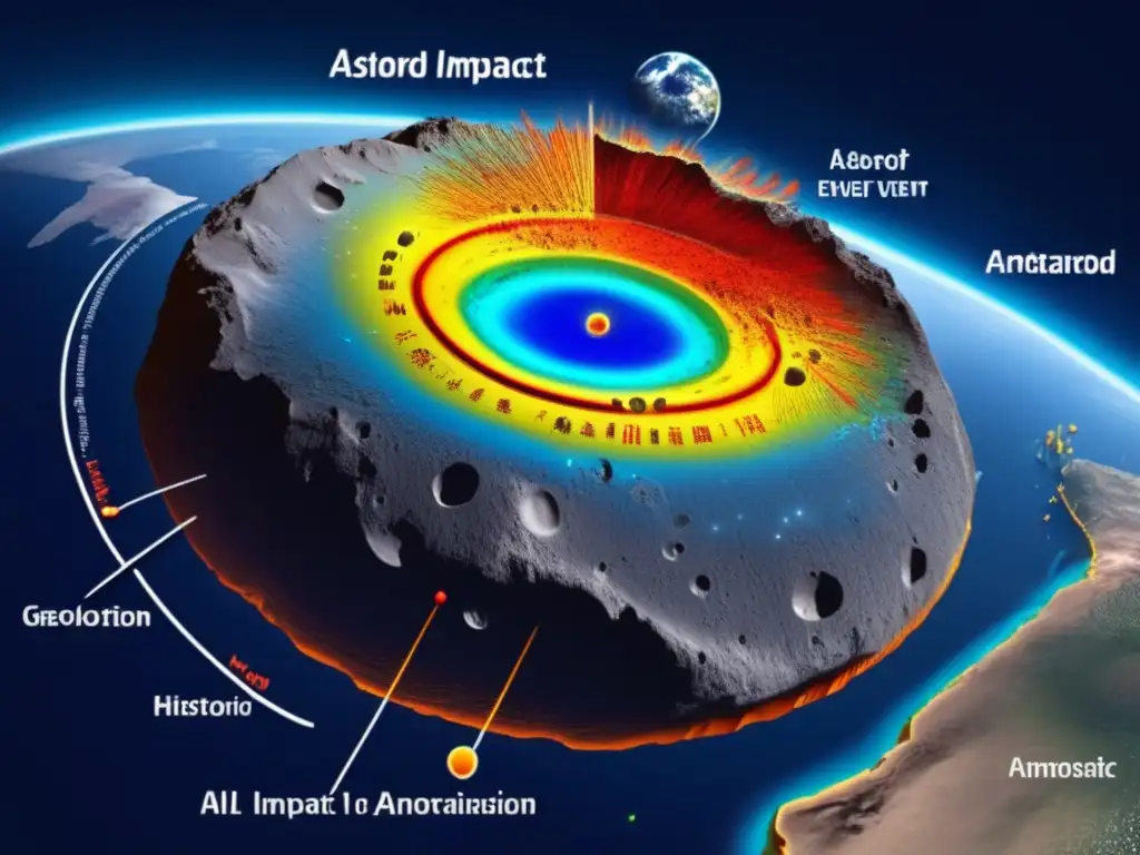 An intricate depiction of Earth's asteroid impacts, with labeled and timestamped details of the historic events