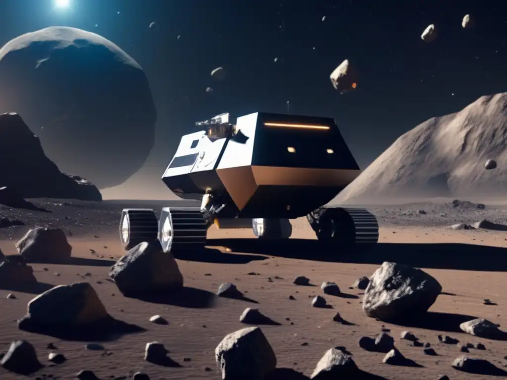 Photorealistic image of an asteroid mining spacecraft in a desolate asteroid field
