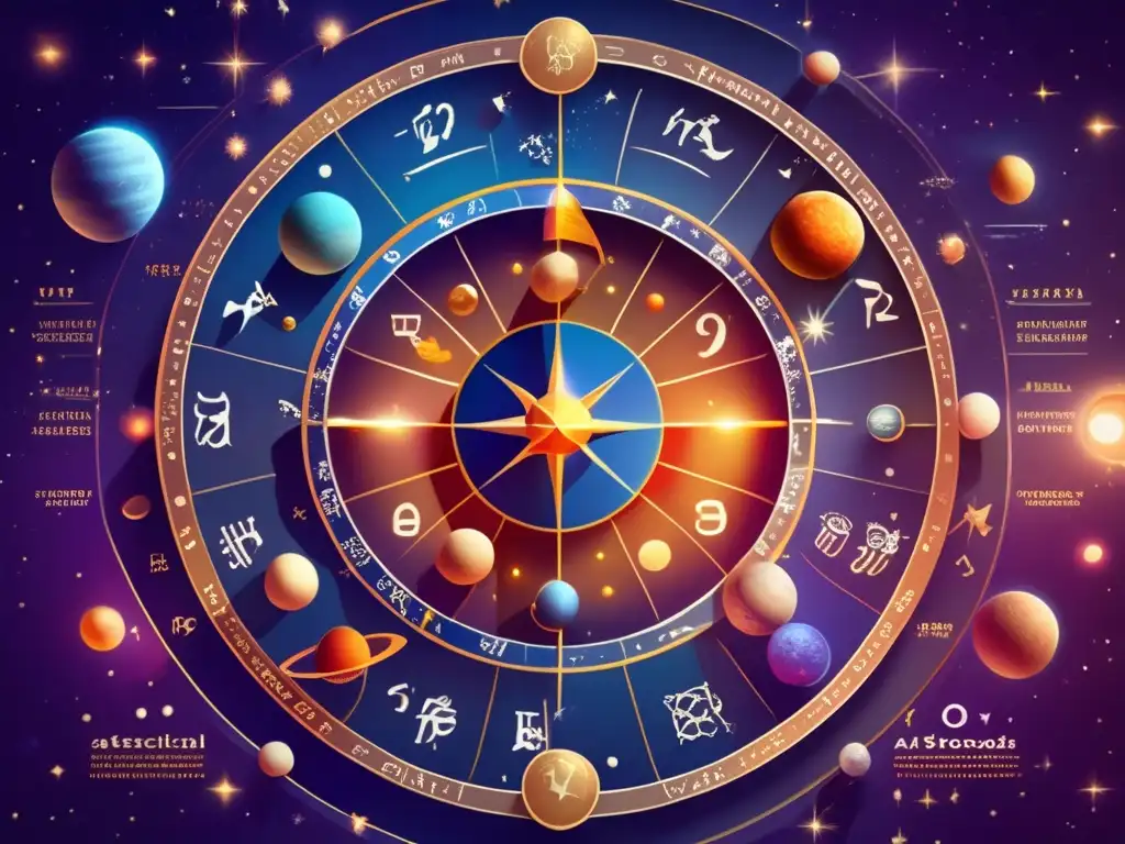 A breathtaking 8k ultradetailed ancient astrological chart, with symbols for each zodiac sign, planets, and asteroids arranged in a circular pattern