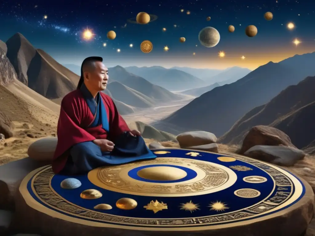Philip Chan captures the essence of Asem, a 13th century Tibetan astrologer, flanked by celestial representations and in a rugged mountain landscape