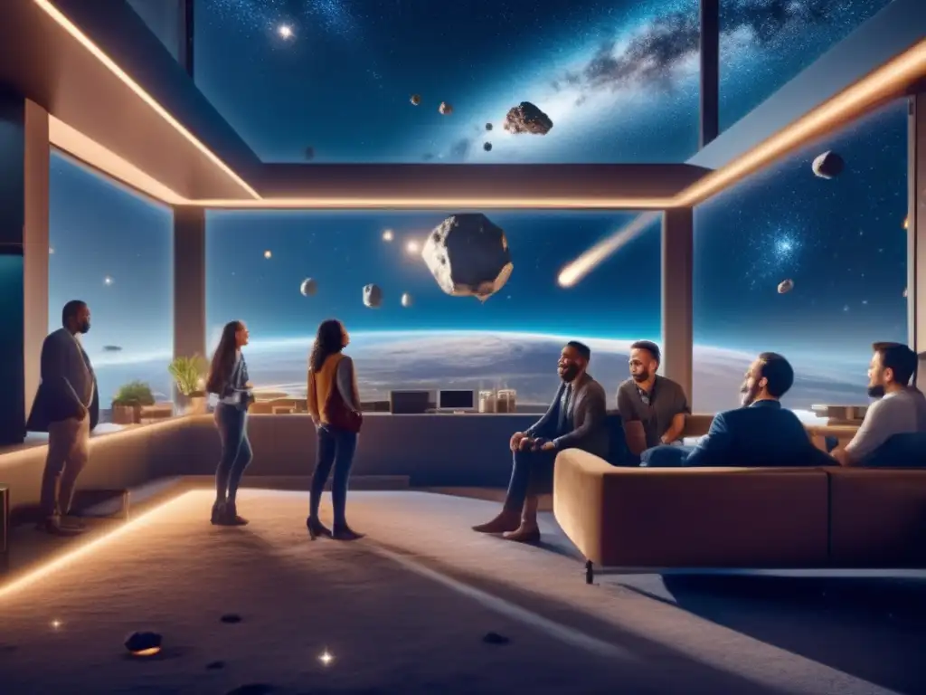A captivating shot of a spacious room buzzing with lively conversations and radiant smiles, peering out at an expanse of starry night sky with an illuminated asteroid mining facility in the distance, symbolizing the wonders of outer space exploration