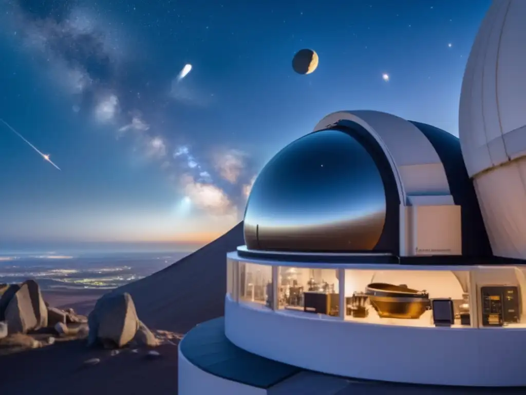 A close-up of a well-equipped astronomer's observatory, with an array of telescopes and instruments focused on a distant asteroid in the background