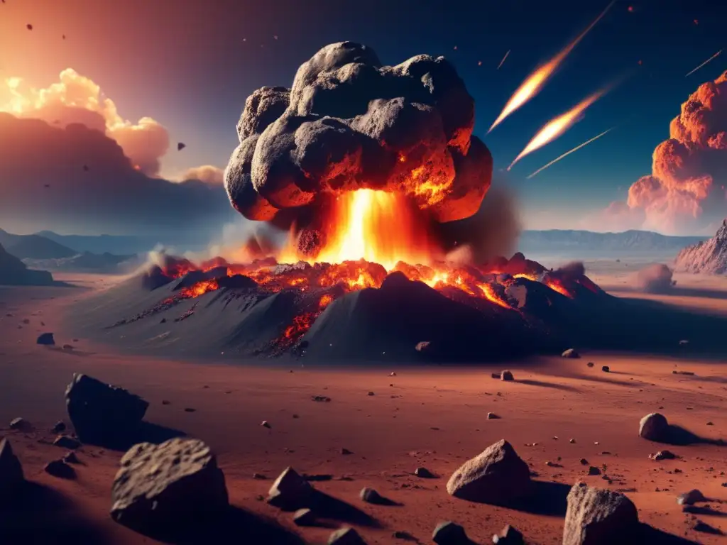 A crashed asteroid sparks chaos in Earth: flames, dust, and shattered rock fill the flattened landscape