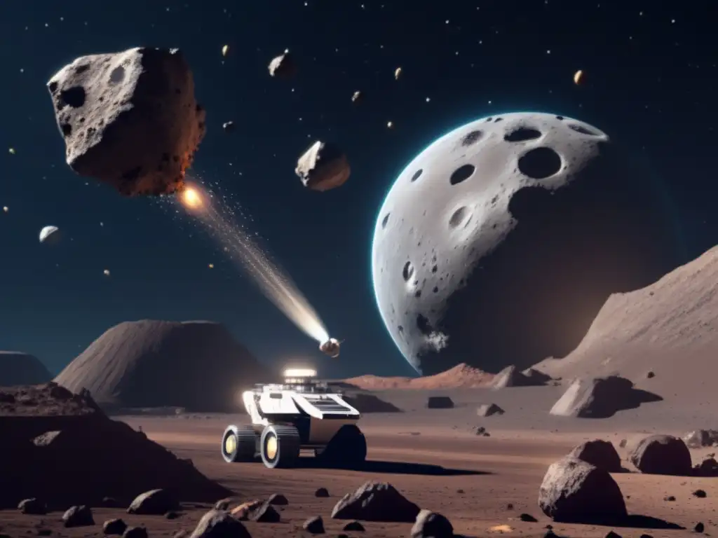 An electrifying scene of asteroid mining in space, a large asteroid with a hole in its surface