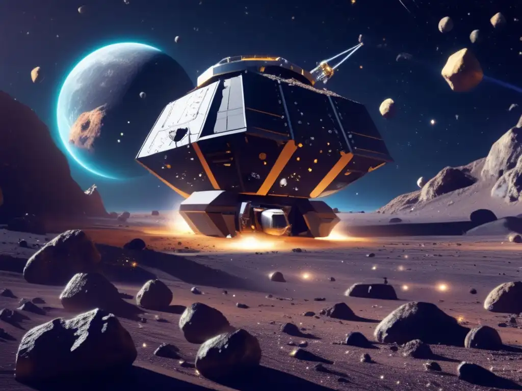 A captivating photorealistic image showcases a complex asteroid mining operation in space, with a massive mining vessel in the center