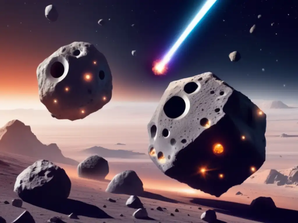 Three asteroids in space revel their valuable resources - grey spheres with intricate geological specs, surrounded by a misty atmosphere