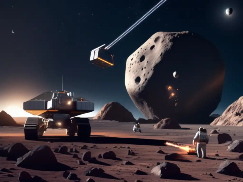 A breathtaking photorealistic image of an asteroid mining operation in full swing, with spacecrafts and mining equipment hard at work, extracting valuable resources from the asteroid's desolate surface