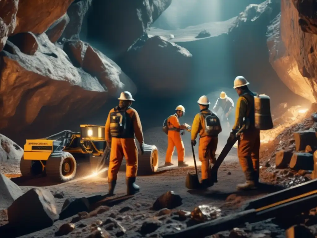 A team of dedicated miners work together in the vast, dimly lit asteroid mine, using complex machinery and tools to extract valuable resources