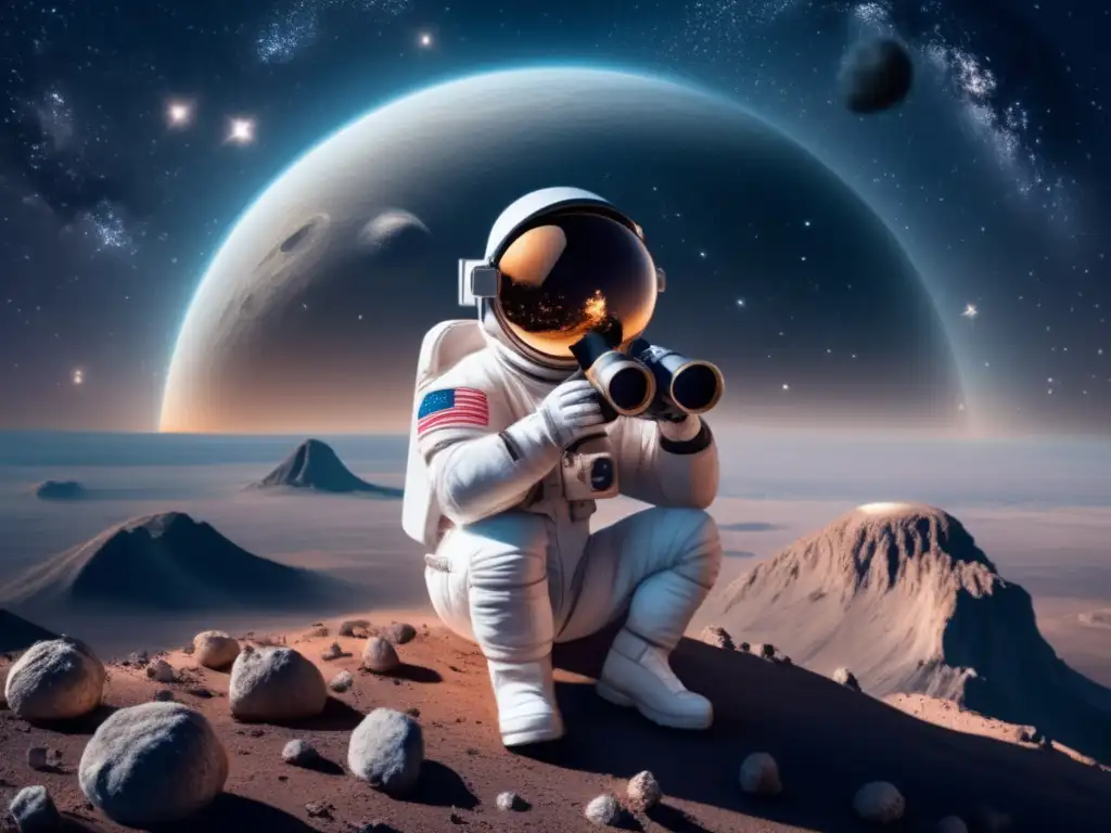 Striking photorealistic depiction of an astronaut using binoculars to gaze upon a distant asteroid, set against a backdrop of galaxies and stars