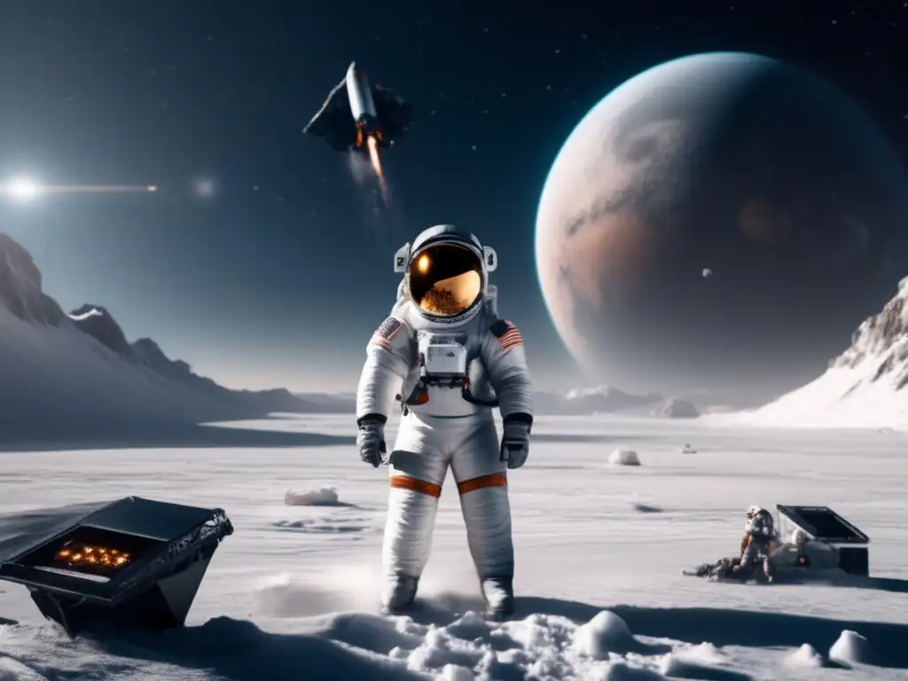 Dash - An astronaut stands alone in the white snow of a desolate planet, his spacesuit shimmering against the eerie glow of a hovering spaceship