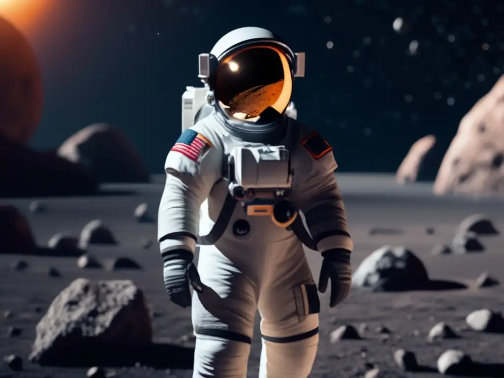Dash-A photorealistic image of an astronaut in a spacesuit, confidently standing before a colossal asteroid, exuding awe and wonder in their eyes