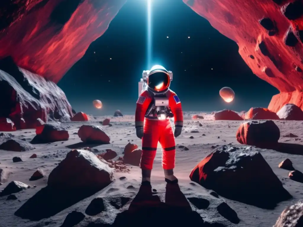 Astronaut in red suit and helmet stands before a large, faintly glowing asteroid in a well-lit mining chamber