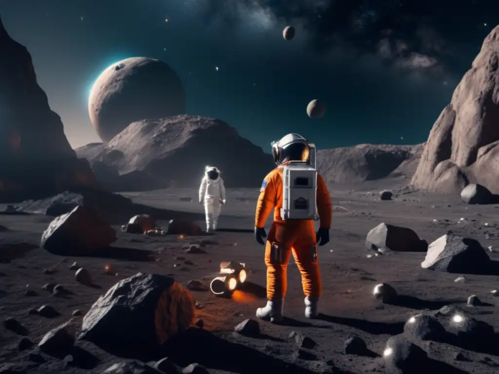 An astronaut braves the harsh conditions in a dusty asteroid mining site, surrounded by towering formations and equipment