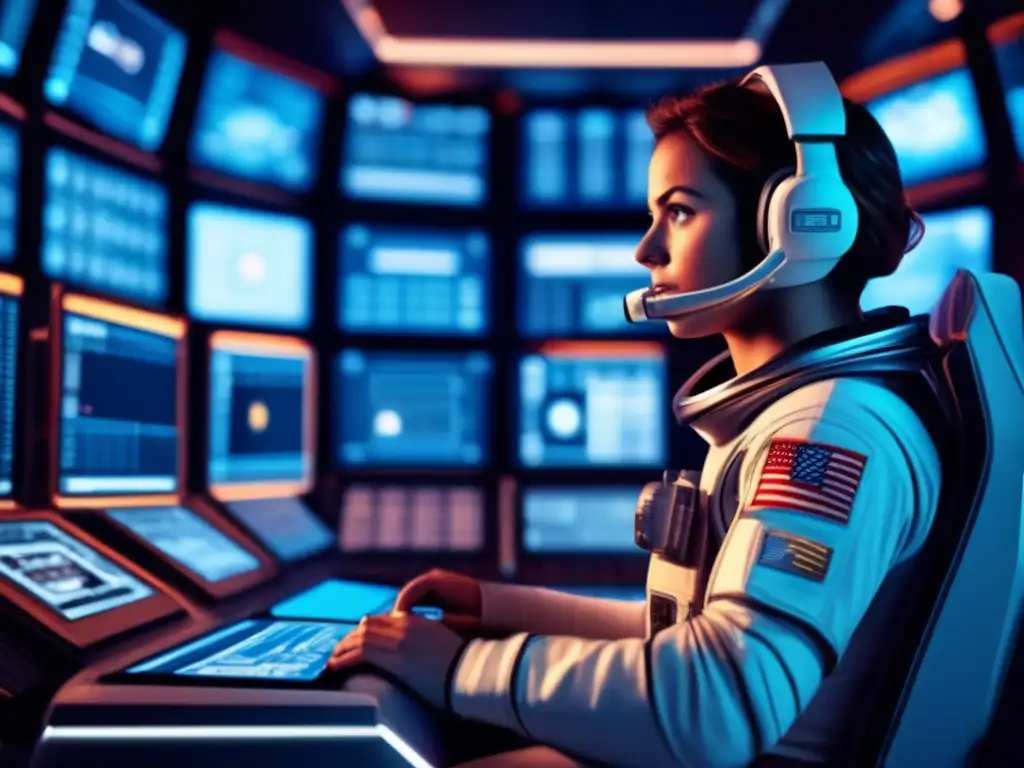 An astronaut evaluates risk in high-pressure space missions, staring intently at screens filled with technical symbols and stats