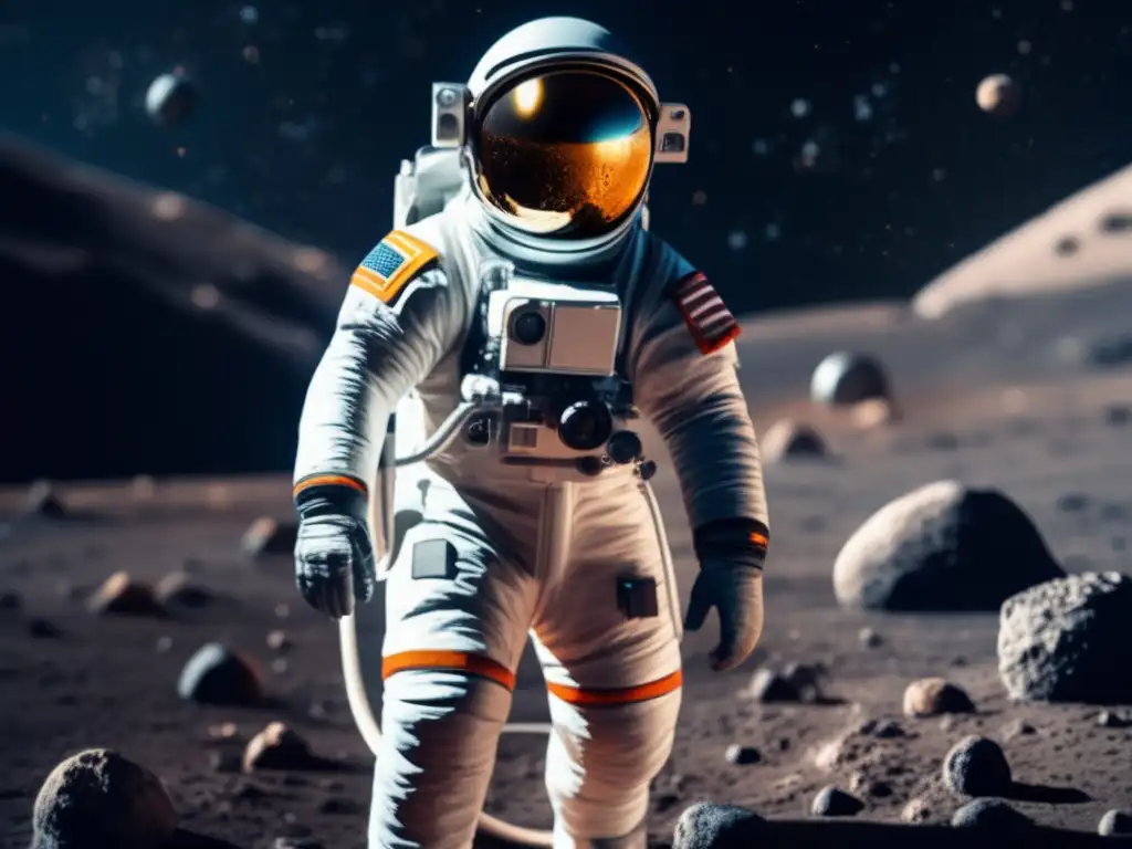 An astronaut in a spacesuit explores an asteroid's rocky surface, craters, and dust particles in a stunning photorealistic image